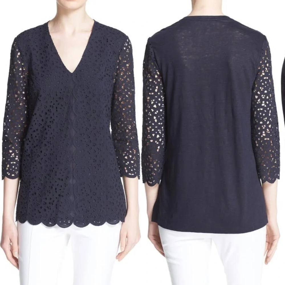 Tory Burch Broderie Detail 3/4 Sleeve Top in Navy Blue